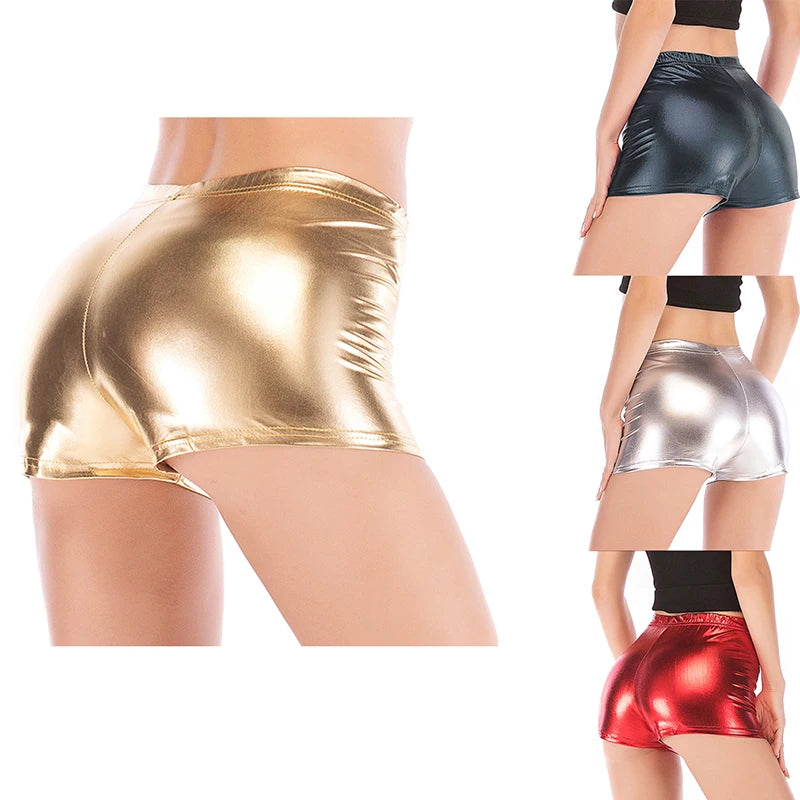 Women Silver Metallic Yoga Shorts Rave Booty Shorts Mid Waist Cheer Shorts PU Shiny Yoga Shorts Femme