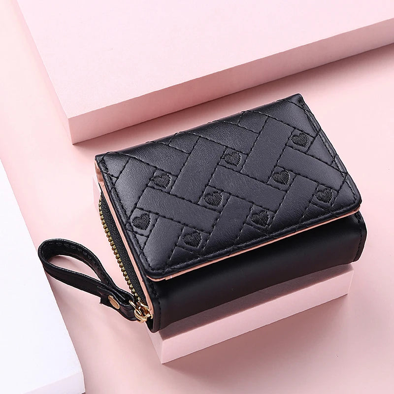 Women's Wallet For PU Leather Fashion Embroidered Love Tri-fold Small Wallet Card Holder Multi-card Slot Coin Purses