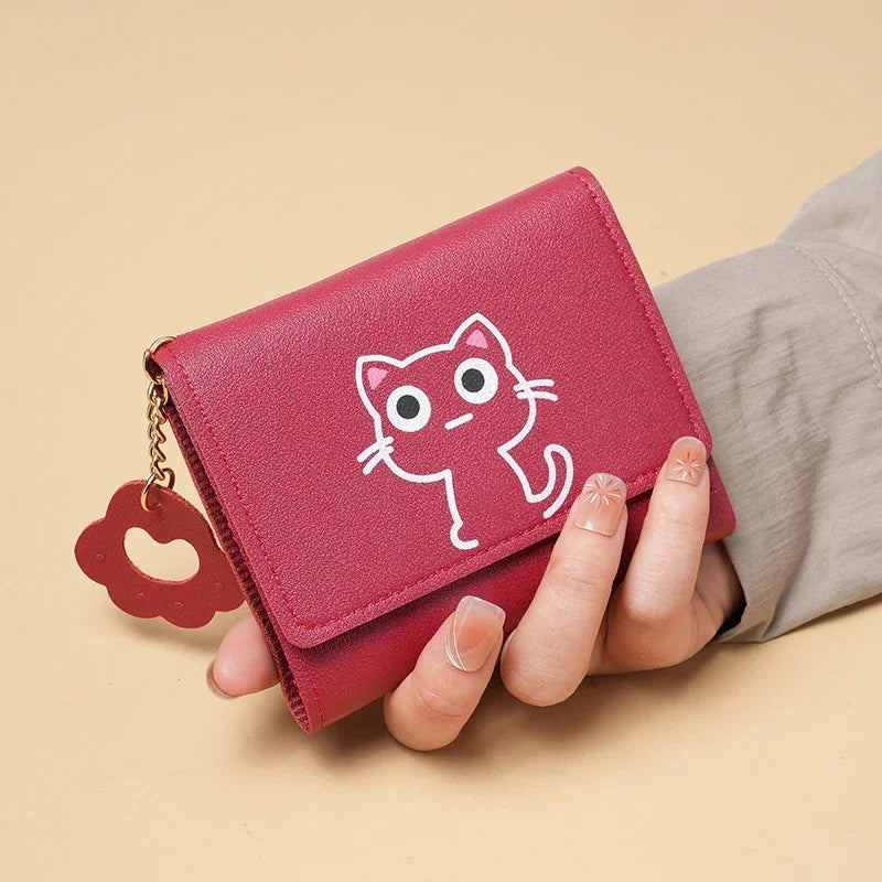 New Women Fashion Wallet Cute Cartoon Cat Girl Credit Card Coin Holder Money Short Purses PU Leather Large Capacity Ladies Purse