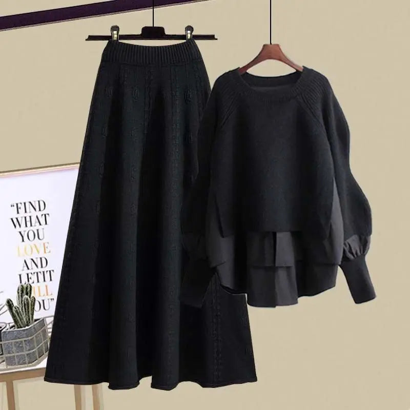 Autumn and Winter Set for Women 2024 New Slimming Fake Two-piece Knitted Sweater Age Reducing Half Skirt Two-piece Set