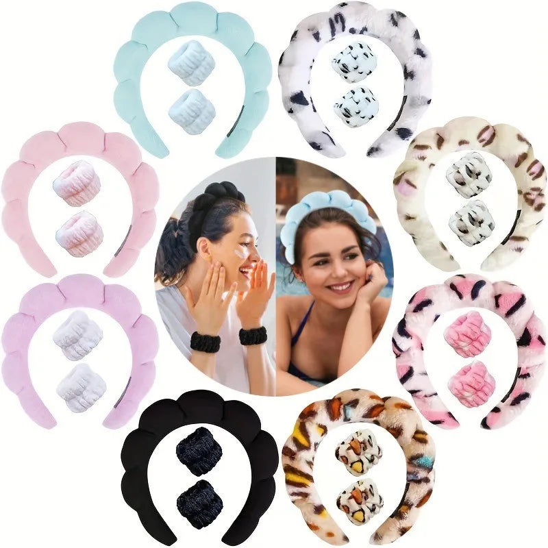 3PCS Spa Headband for Washing Face Wristband Set Sponge Makeup Headband Wrist Towels Bubble Hairband for Women Hair Accessories