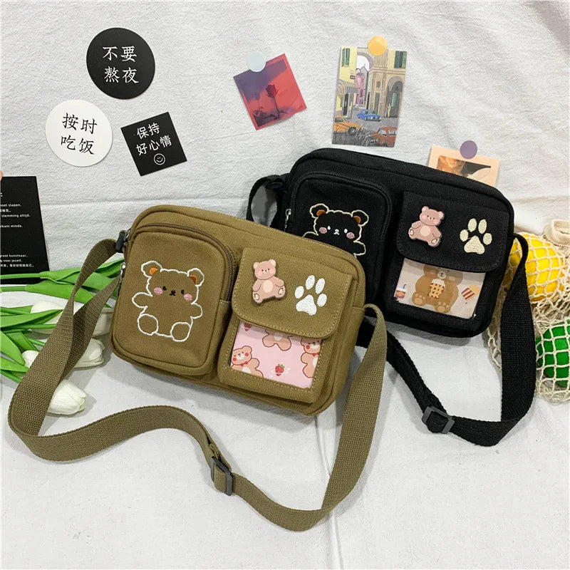 Canvas Small Bag Japanese ins Women Shoulder Bag Cute Funny Personality Embroidery Bear Girl Student Transparent Messenger Bag