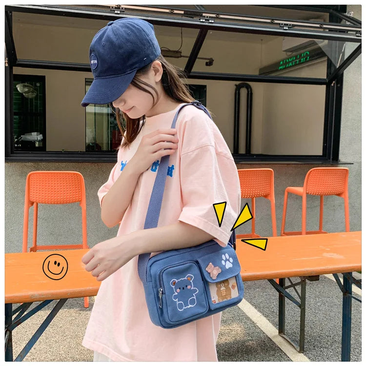 Canvas Small Bag Japanese ins Women Shoulder Bag Cute Funny Personality Embroidery Bear Girl Student Transparent Messenger Bag