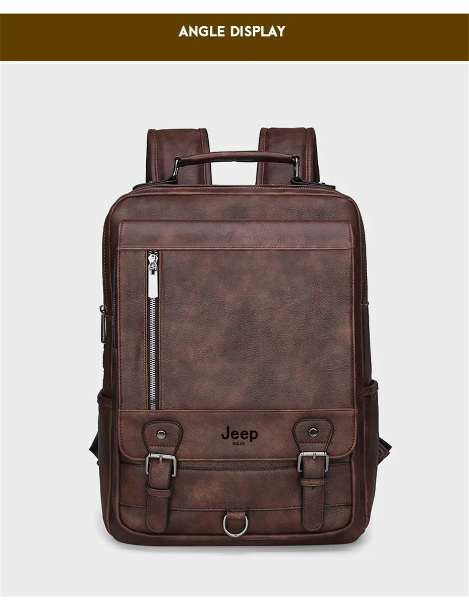 JEEP BULUO Fashion Leather Men Backpack Business Male 15.6" Laptop Bag Daypacks Large Capacity Travel College School Bag