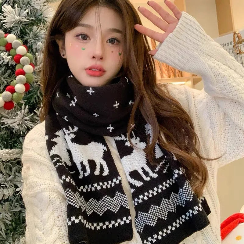 Winter Warm Scarf for Women Men Deer Elk Double-Sided Knitted Scarves Fashion Versatile Woolen Shawl Girls Christmas Present