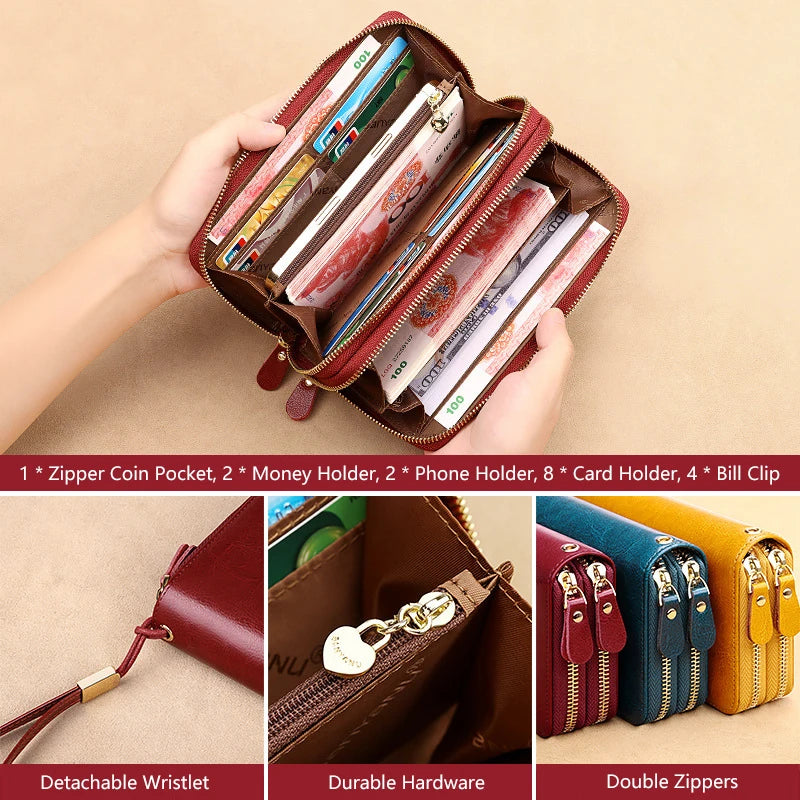 Genuine Leather Women Wallet 2024 Luxury Long Wallets for Women Large Capacity Clutch Bag Card Holder Purse Double Zipper Wallet