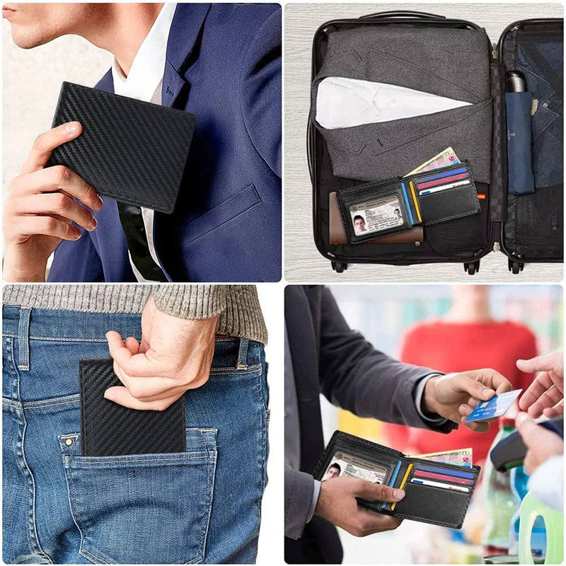 Slim Minimalist Tri-Fold Wallet Carbon Fiber RFID Blocking Men's  Wallet With ID Window and 9 Card Slots