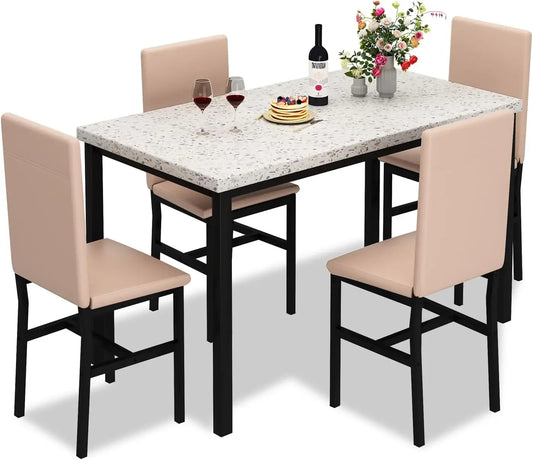 White Faux Marble Dining Table with 4 Upholstered Chairs, 5-Piece Dining Room Table Set for Small Space, Breakfast Table