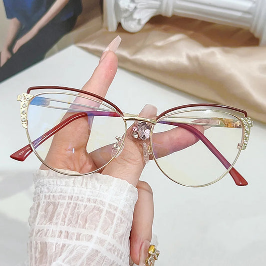 Anti Radiation Blue Light Blocking Glasses Cat Eye Spectacles Frame Metal For Women Rhinestone Computer Eyewear With Diamond New