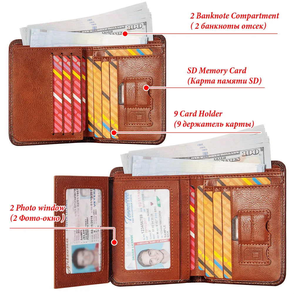 Portefeuille mince à trois volets en cuir véritable pour hommes avec fenêtre d'identification, porte-cartes multifonction RFID, sac d'argent pour hommes, court Cartera Hombre