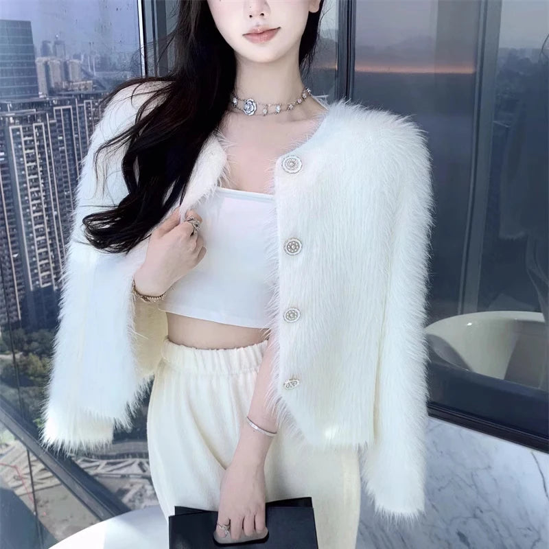 Autumn Warm Women Crop Cardigan Korean Knitted Elegant Female Casual Sweaters Fashion Imitation Mink Cashmere Soft Ladies Coat