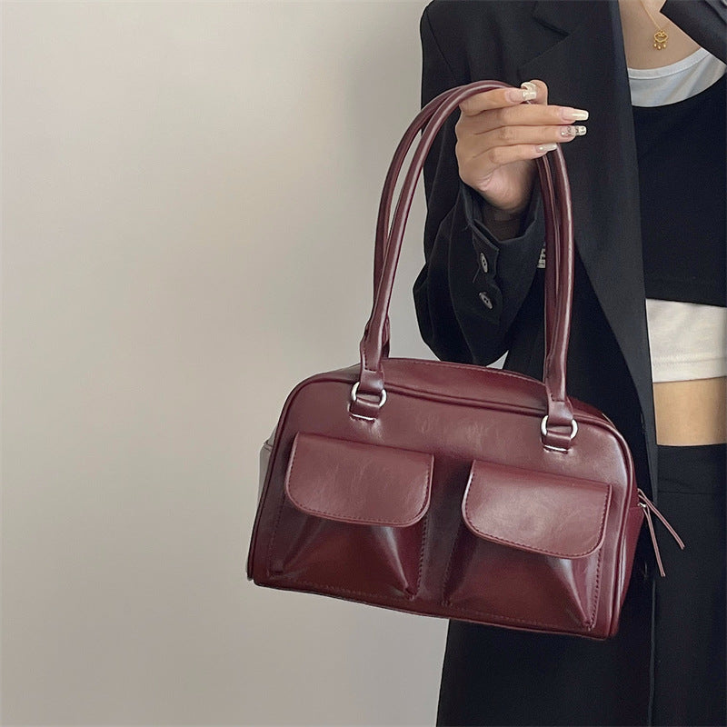 Vintage Women Business Shoulder Bags Simple Ladies Commute Tote Bag Pu Leather Female Underarm Bag Burgundy Large Handbags Purse