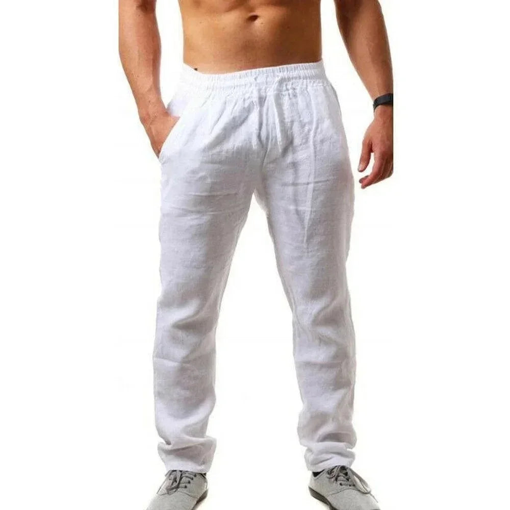 Pantalon de sport décontracté à la mode pour hommes, taille élastique, pantalon de couleur unie en coton et lin