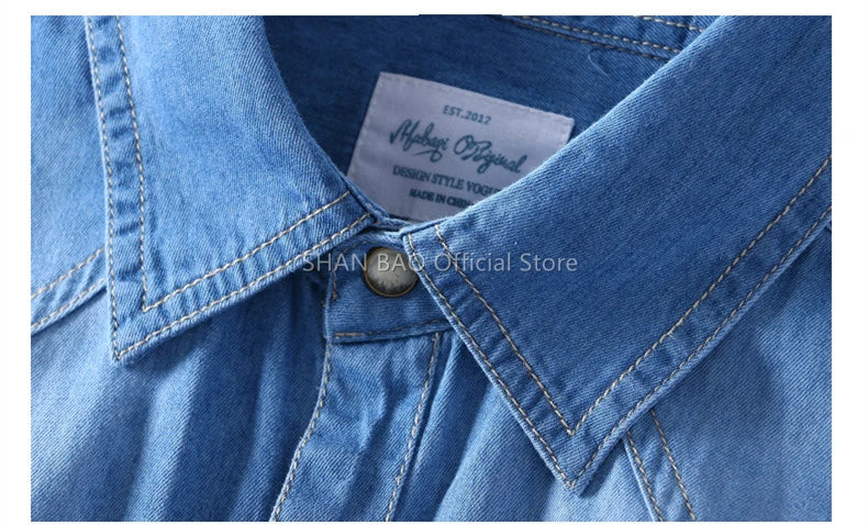 SHAN BAO classic brand double pocket button 100% cotton denim shirt 2022 spring high quality men's slim long-sleeved shirt