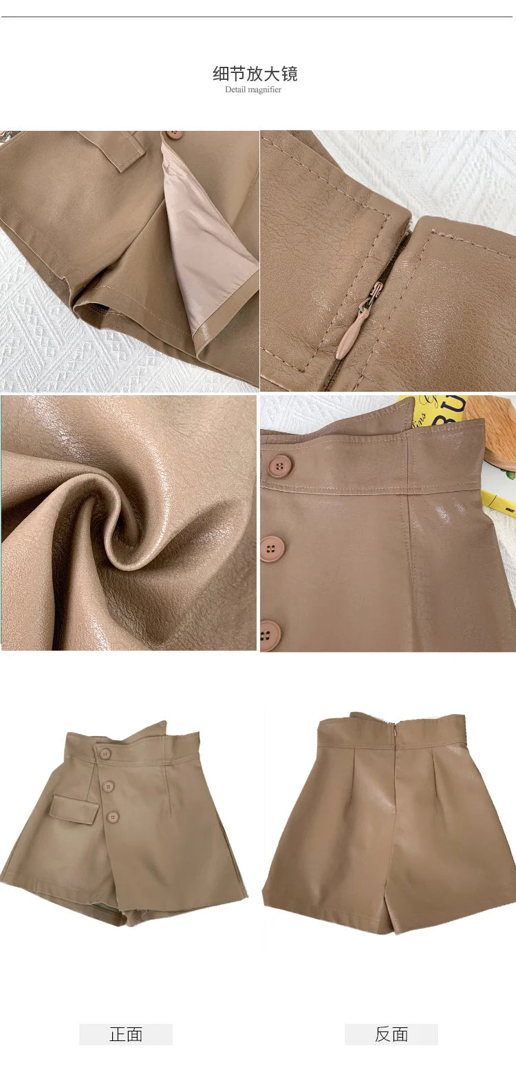 High Waist Asymmetric Vintage Womens Leather Shorts Skirts With Button 2024 Autumn Winter Fake Two Pieces Pu Short Pants