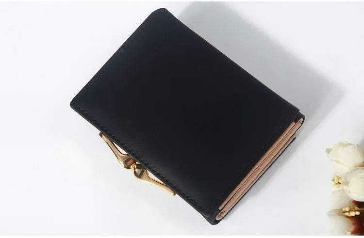 Metal Buckle Ladies Bright Leather Fashion Purse,Women's Short Wallet, Small Shiny Leather Three Fold Leather Wallet Billfold