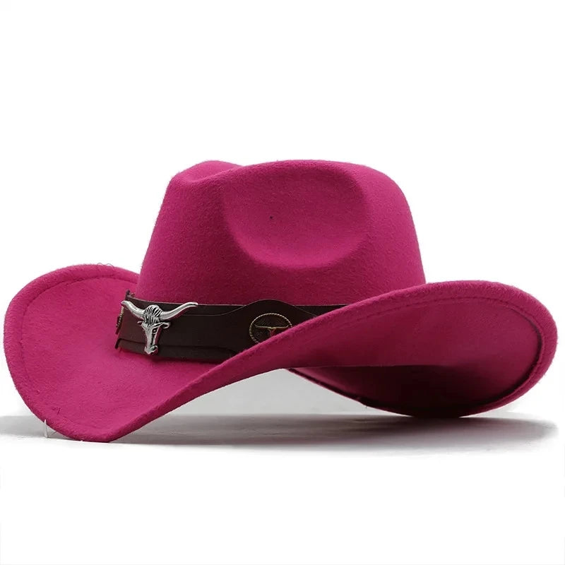 Western Cowboy Hat Roll Brim Cowgirl Cap Cowboy Jazz Fedora Hats Felt Cap with Cow Band for Women Men Children