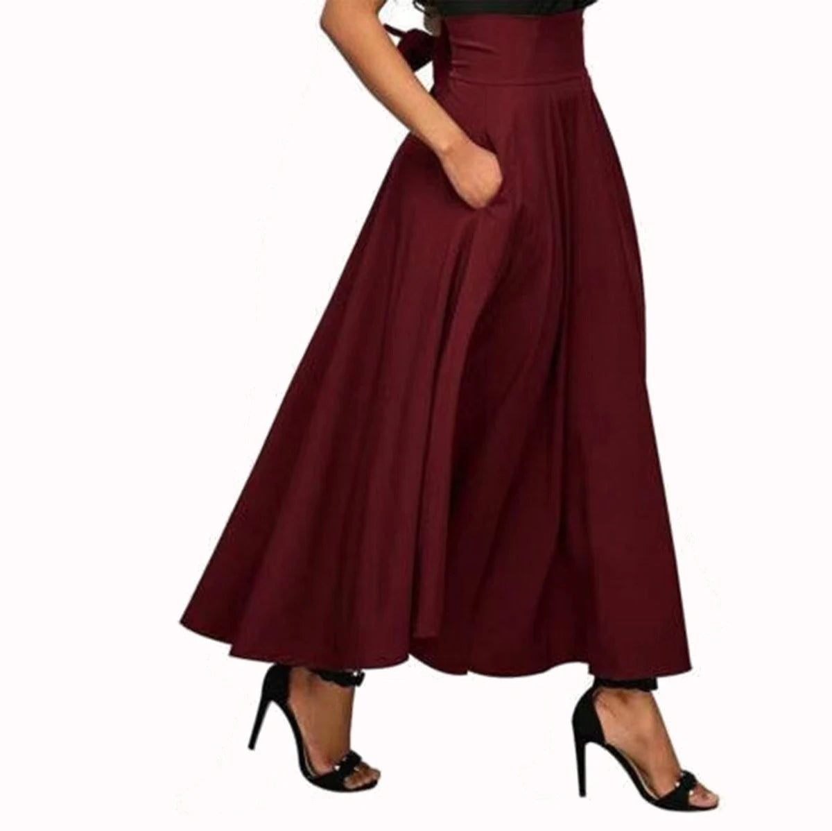 Mode Effen Kleur Grote Swing Vrouwen Rok Lange Rok Herfst Wilde Hoge Taille Strik Slanke Rokken