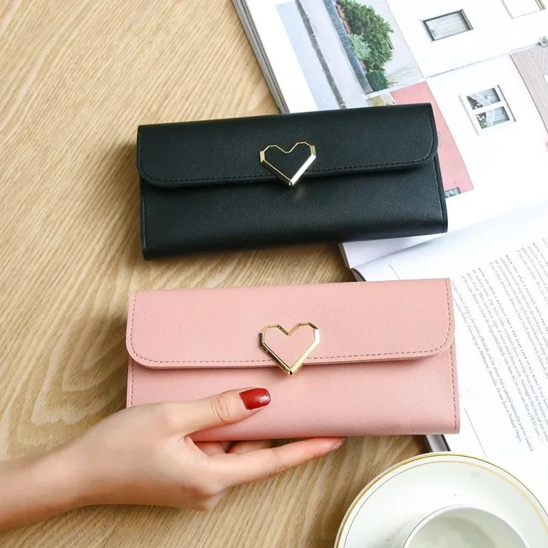 2024 Women Tri-Fold Wallet Metal Heart Pattern Girls Money Pocket Card Holder Luxury Designer Phone Clutch Fashion Card Holder