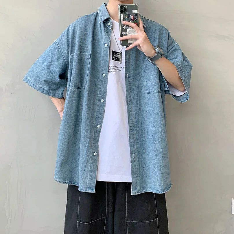 Summer Brand Denim Shirt Men Short Sleeve Cargo Shirt Coat Loose University Handsome Top Clothes 2023 Cowboy Oversize