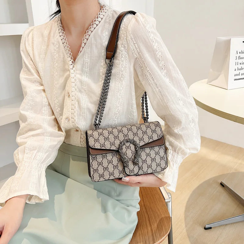 New retro printed chain bag popular underarm bag oblique span shoulder small square bag