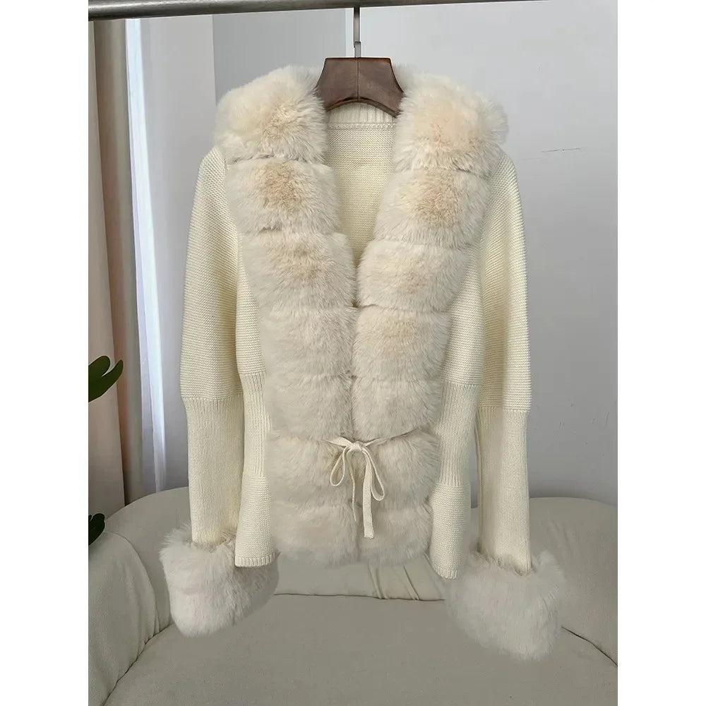 Autumn/Winter 2024 Women's Fur Coat Luxury Patchwork Knitted Sweater Bandage Fur Cardigan Detachable Collar Jacket Faux Fur Coat