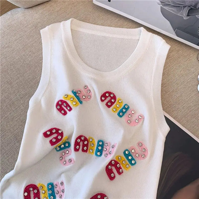 Summer All-match Slim-fitting Hot Girl Thin Sexy Sleeveless Pure Seductive Rhinestone-embellished Letter Knitted Camisole Top