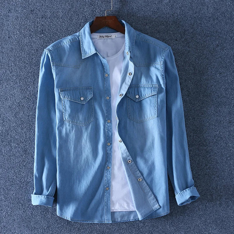 SHAN BAO classic brand double pocket button 100% cotton denim shirt 2022 spring high quality men's slim long-sleeved shirt