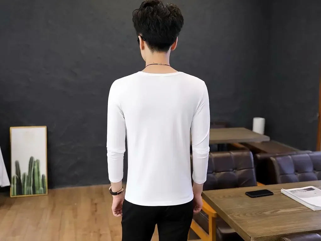 Men's Long Sleeve Black V-neck Base Layer T-shirt Solid Color Autumn Innerwear Thin Style Comfortable Men's Top