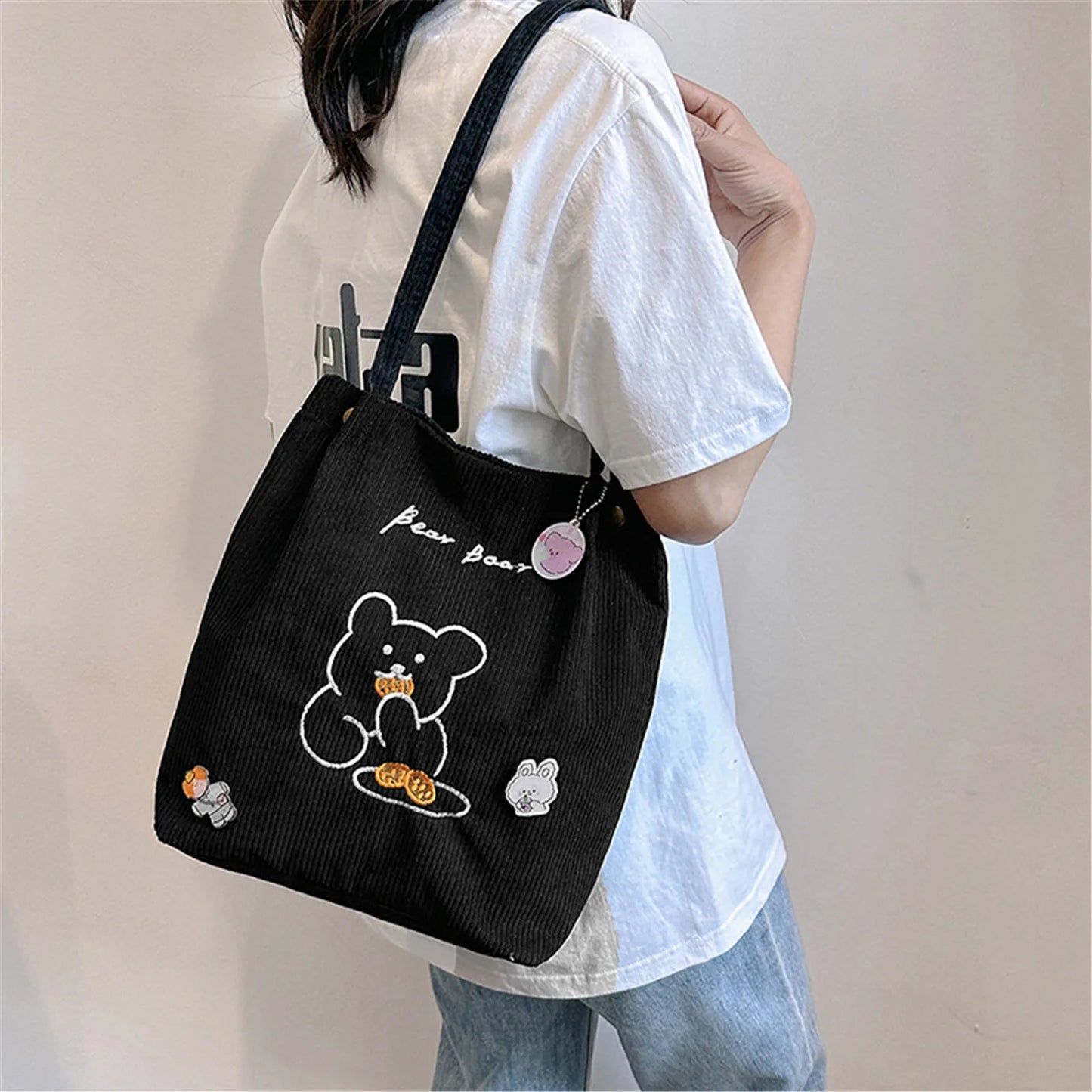 Cartoon Embroidered Bear Shoulder Bag Foldable Corduroy Handbag For Women Large Capacity Tote Bags Eco Friendly Shopping Bag