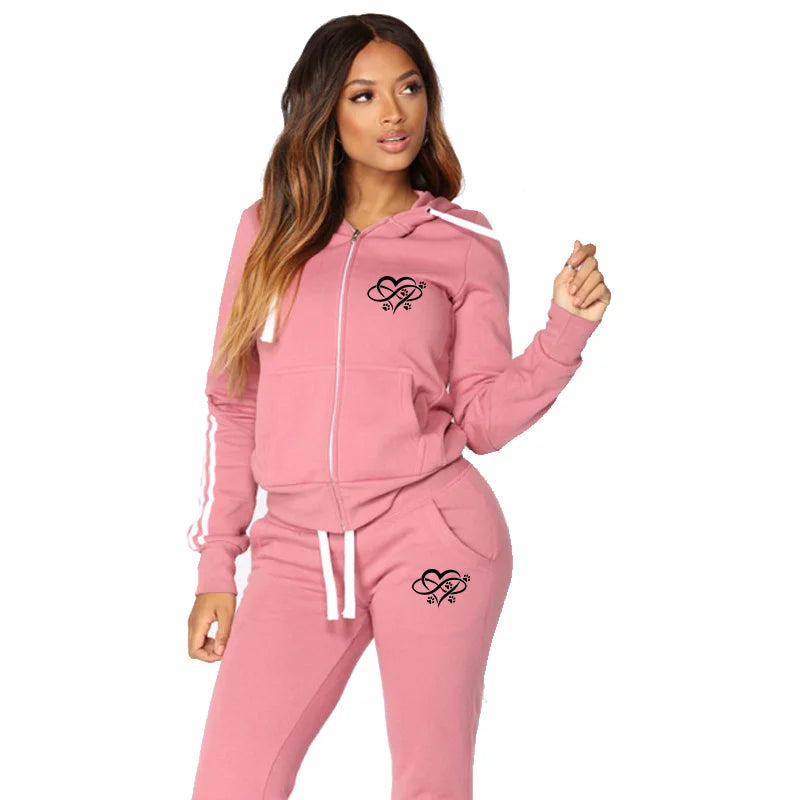 Fashion Heart Print Women Track Suits Sports Wear Jogging Suits Hooded Tracksuit Set Clothes Hoodies+Sweatpants Sweat Suits