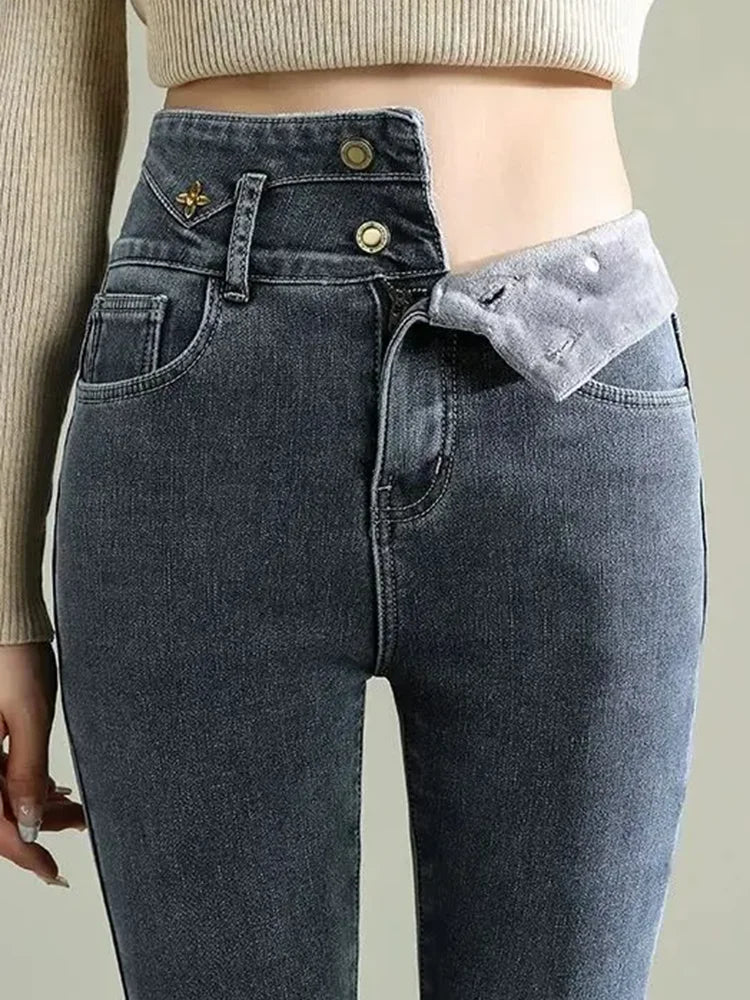 Women Thicken Skinny Pencil Jeans Winter Warm High Waist Stretch Velvet Lined Vintage Denim Pants Korean Solid Y2k Slim Vaqueros