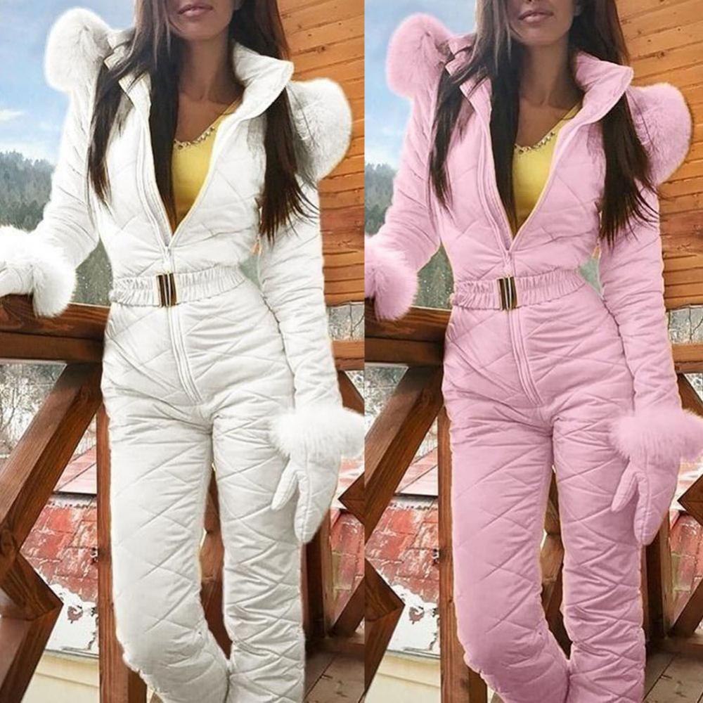 Warm Skiing Zipper Hooded Women Jumpsuit Outdoor Winter Faux Fur Collar Fleece Jumpsuit