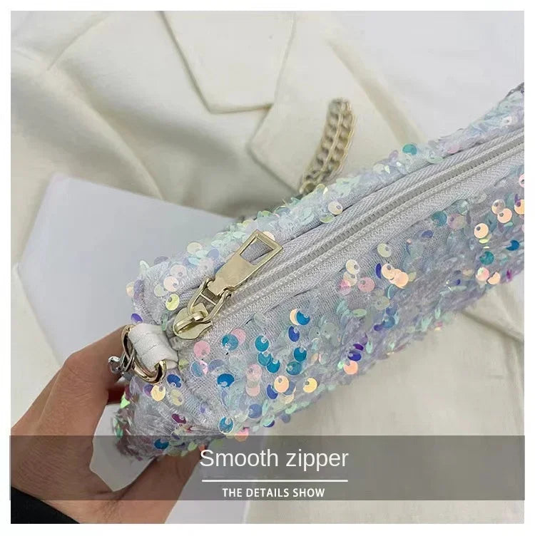 Sequins Crossbody Chain Bag Simple INS Solid Color Sequins Shoulder Bag Underarm Bag Phone Purse Evening Clutch Bags Handbag