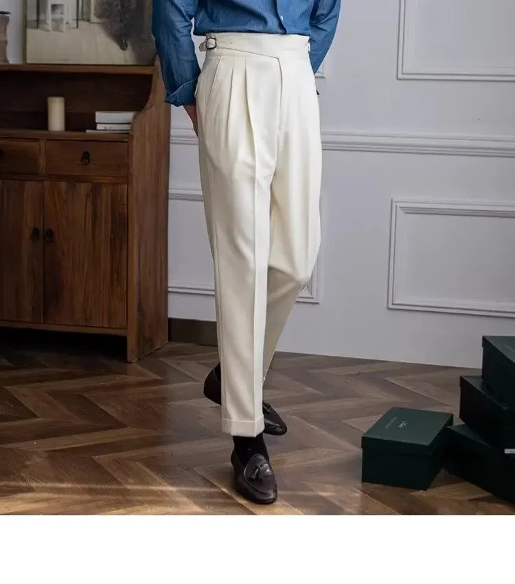 Spring Autumn White Men's Trousers Business Casual Cropped Pants Paris Button Trendy Italian Style