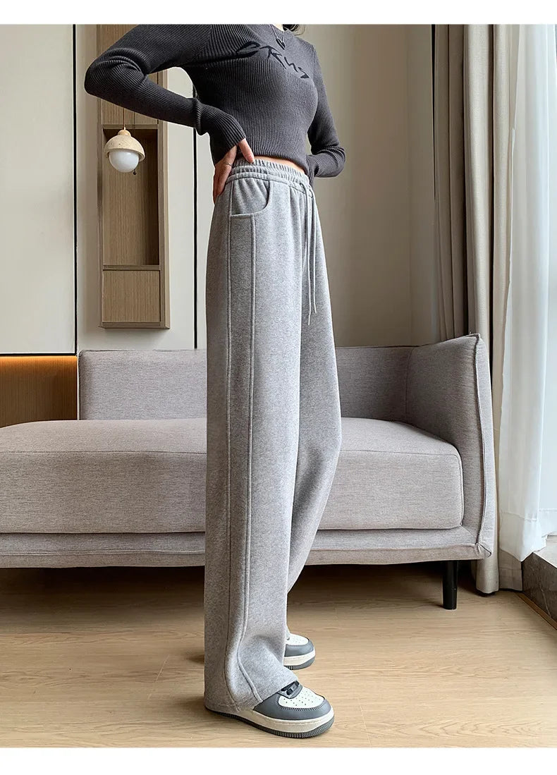 Women's Winter Thickened Fleece-lined Bell Bottoms Casual Straight-leg Pants High-waisted Draped Rice Cake Trousers New Model