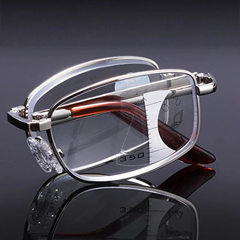 Folding Reading Glasses Portable Progressive Biofocal Eyewear Mens Parent Anti-Blue Ray Presbyopic Eyeglasses with Leather Case