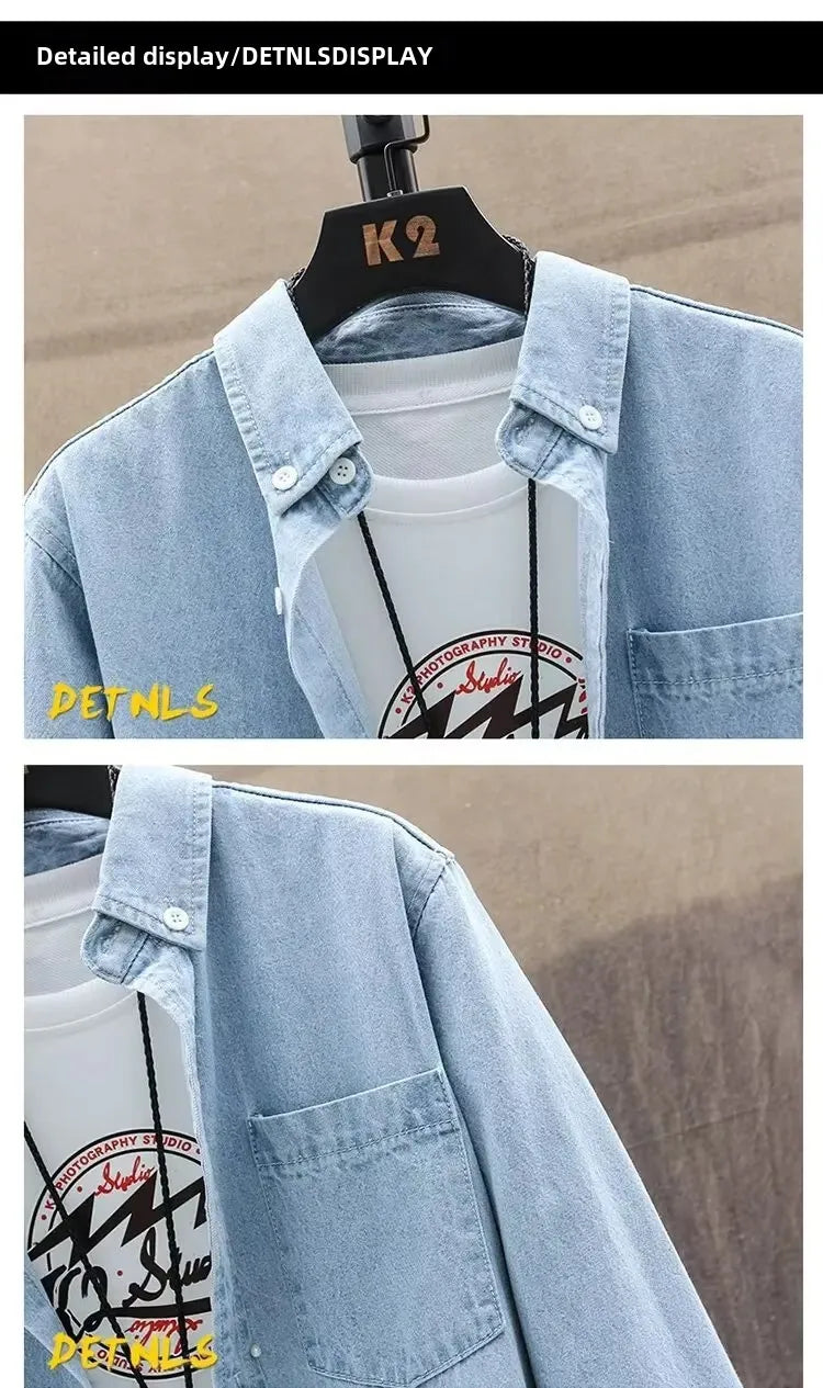 Japanese Style Solid Color Ultra-thin Long Sleeve Denim Shirt For Men Women Fashionable Trendy Simple Loose-fit Casual Jacket