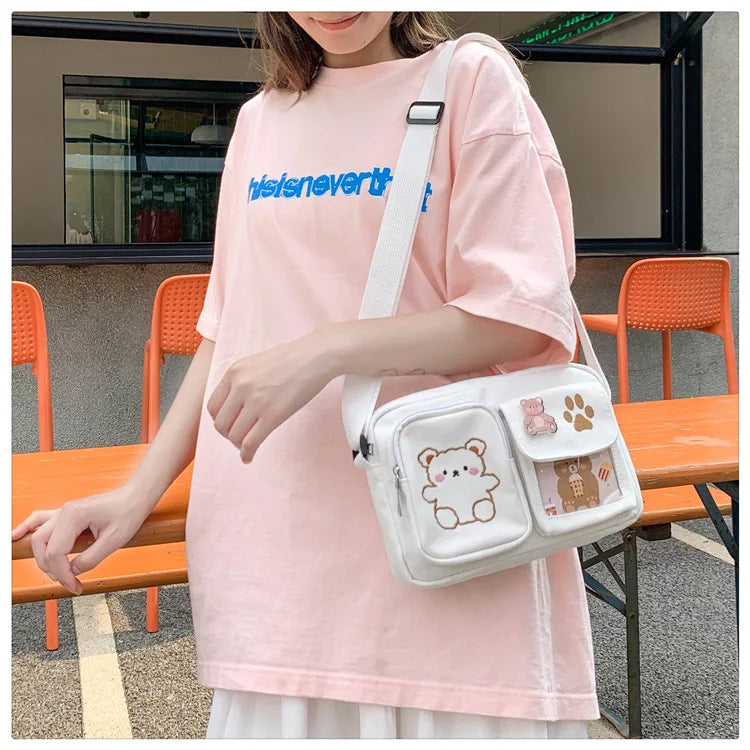 Canvas Small Bag Japanese ins Women Shoulder Bag Cute Funny Personality Embroidery Bear Girl Student Transparent Messenger Bag