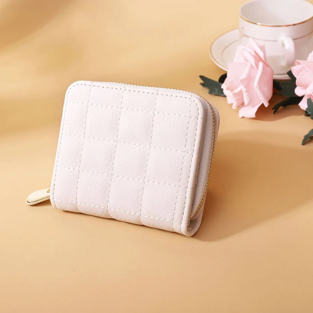 Leisure Flodable Short Wallets Coin Card Holder Women‘s PU Leather Plaid Zipper Coin Money Purses ID Credit Card Holder Wallet