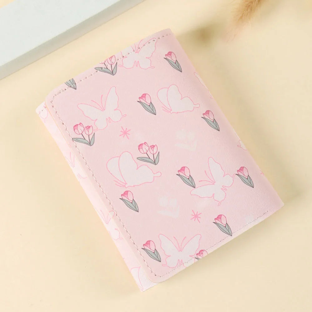 Cute Flower Bow Wallet Women Sweet Pink Three Fold Purse Card Holder for Girl Portable Travel Cash Coin Pouch Photo Card Bag