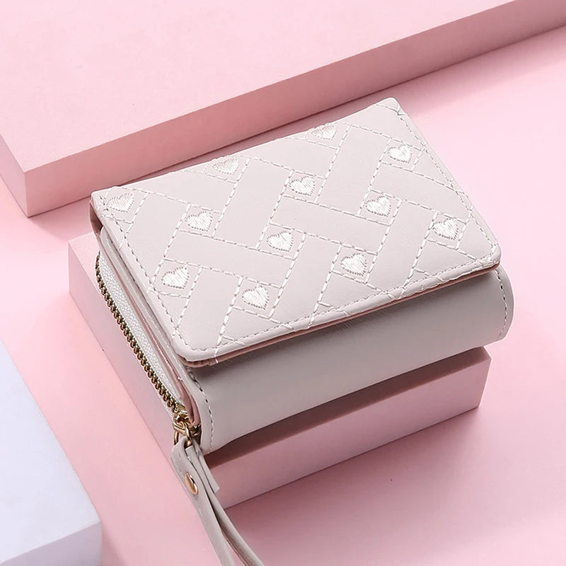 Women's Wallet For PU Leather Fashion Embroidered Love Tri-fold Small Wallet Card Holder Multi-card Slot Coin Purses