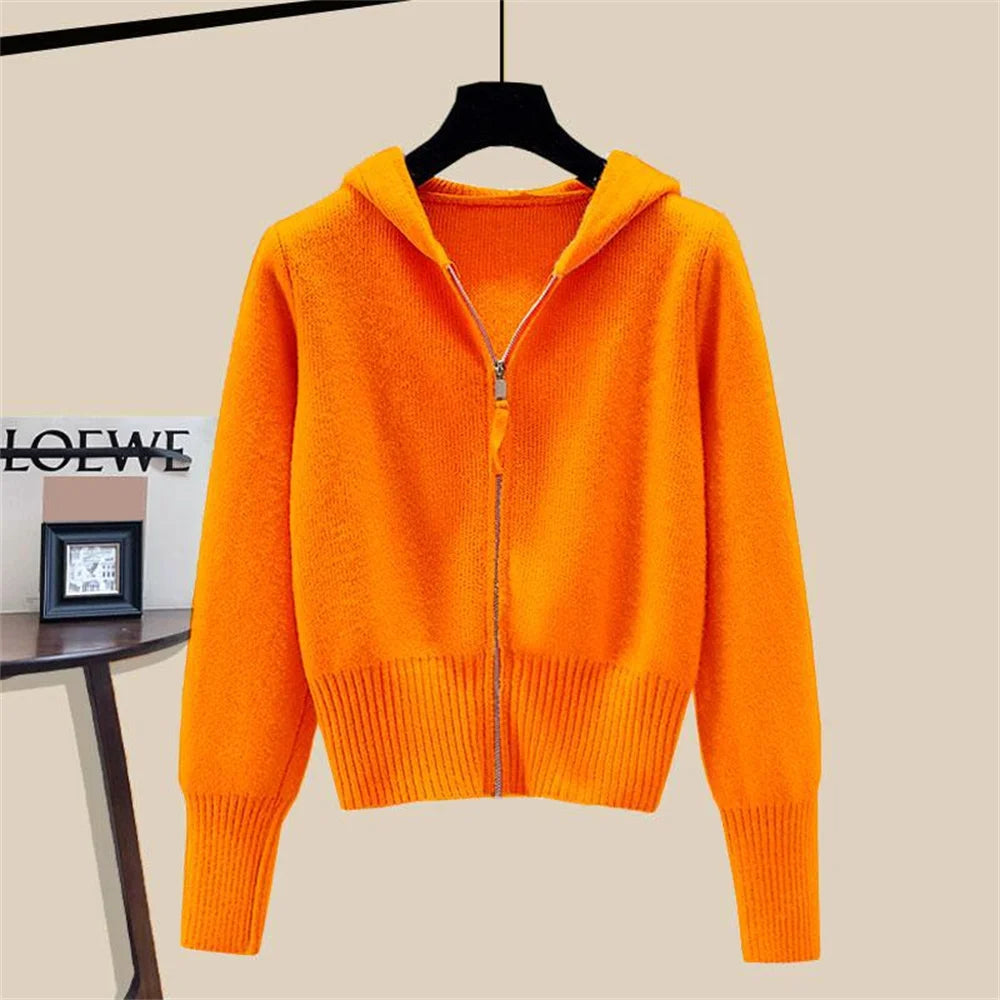 Autumn Winter Long Sleeved Double Zipper Soft Cardigan Sweater With Hat Design Top Spring Fashion Hooded Sweater Jacket Women