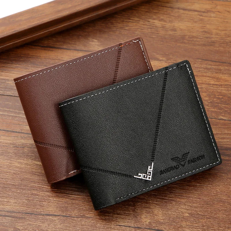 Lychee Texture PU Leather Men's Wallet Short Cash Purse Multi Card Slot Patchwork Card Holder Photo Holder Horizontal Money Clip