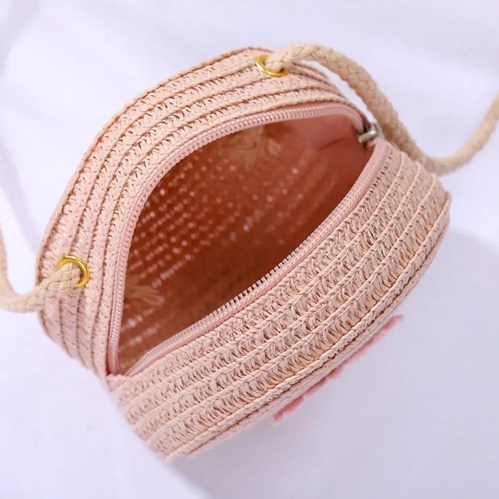 Round Straw Bag Women Woven Crossbody Beach Bag for Ladies Cute Rattan Handmade Knitted Shoulder Bag Candy Color Small Handbag