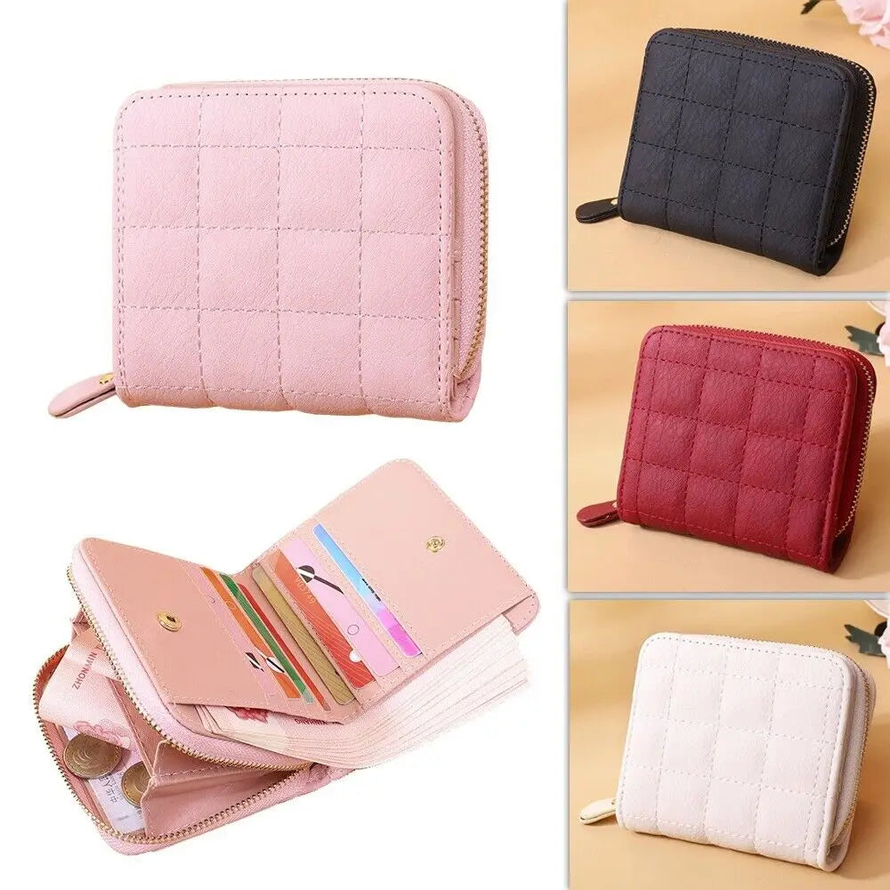 Leisure Flodable Short Wallets Coin Card Holder Women‘s PU Leather Plaid Zipper Coin Money Purses ID Credit Card Holder Wallet