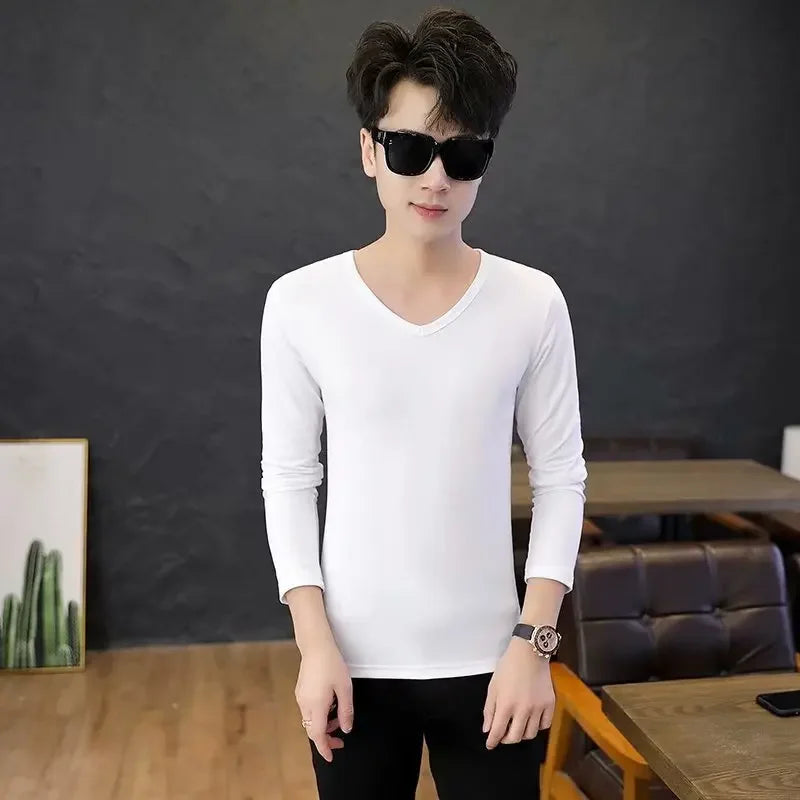 Men's Long Sleeve Black V-neck Base Layer T-shirt Solid Color Autumn Innerwear Thin Style Comfortable Men's Top