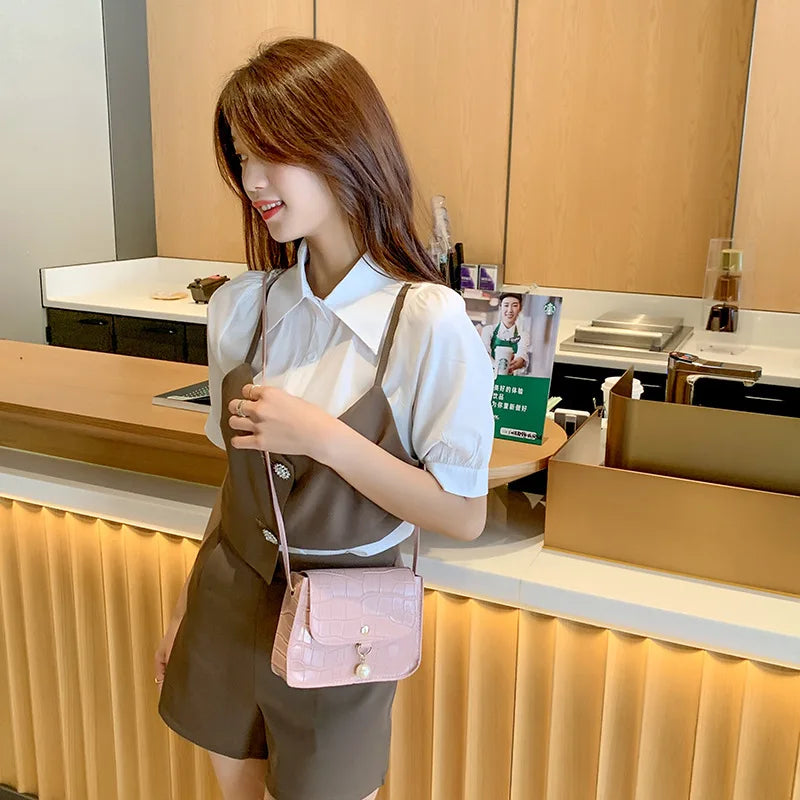 Fashion Simply PU Leather Crossbody Bag for Women Solid Color Shoulder Messenger Bag Lady Pendant Pearl Travel Small Handbag