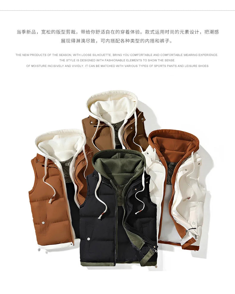 Korean Fashion Hooded Vest for Men Autumn Winter Casual Sleeveless Men Coats Windproof Sleeveless Men Cotton Jacket with Hood