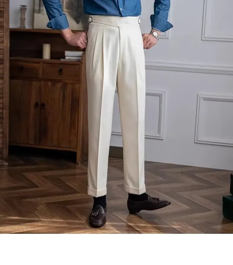 Spring Autumn White Men's Trousers Business Casual Cropped Pants Paris Button Trendy Italian Style